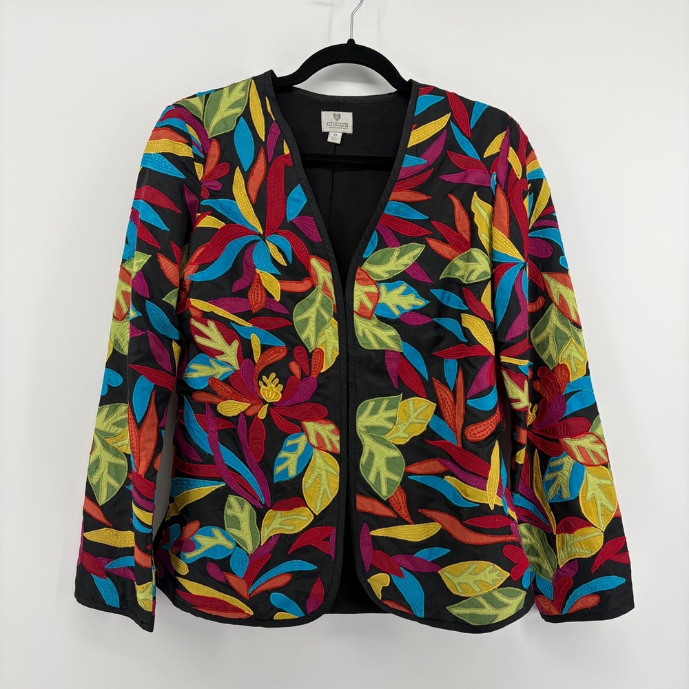 Chicos Silk Embroidered Floral Applique Jacket‎ Black Multicolor SZ 0 / US Small
